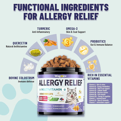 Cat Allergy Relief Chews – 500 Crunchy & Creamy Treats for All Breeds – Cat Itchy Skin & Seasonal Allergy Relief with Multivitamin and Omega-3 for Skin Health, Chicken & Krill Flavor