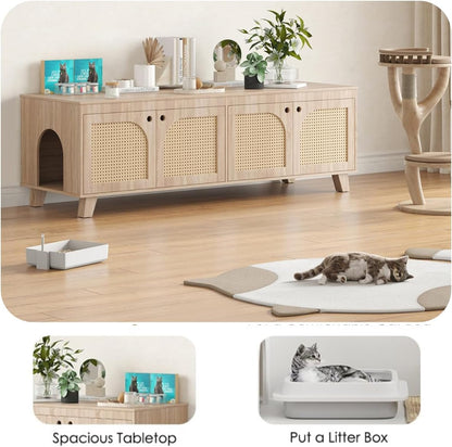 FONTOI Rattan Cat Litter Box Enclosure with Decorated Doors, Wooden Pet Washroom with Two Entrances, Double Hidden Litter House with Non-Slip Feet, Enclosure Furniture Cabinet for Two Cats