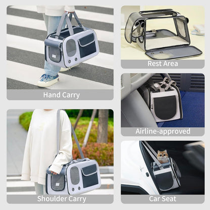 Cat, Dog Carrier for Pets up to 15 lbs, Soft-Sided Collapsible Pet Carrier with Sturdy Base, Roll-up Curtain and Large Storage Bag, Cat Bag for Medium Cats and Small Dogs