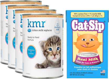PetAg KMR Kitten Milk Replacer Liquid (11 oz, Pack of 4) Cat-Sip Real Milk Treat (8 oz)