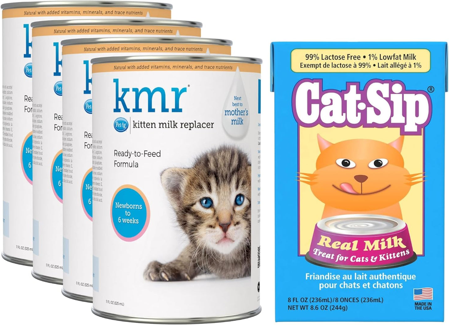 PetAg KMR Kitten Milk Replacer Liquid (11 oz, Pack of 4) Cat-Sip Real Milk Treat (8 oz)