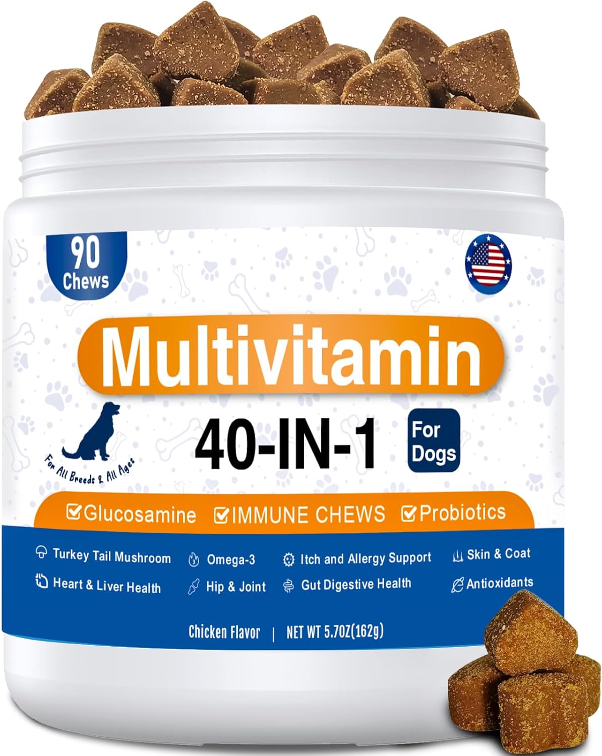 40-in-1 Dog Vitamins and Supplements, Dog Multivitamin Chewable with Glucosamine MSM - Turkey Tail Mushroom, Digestive Enzymes Gut Probiotics, Hip & Joint, Omega-3 Skin & Coat Eyes Immune Support