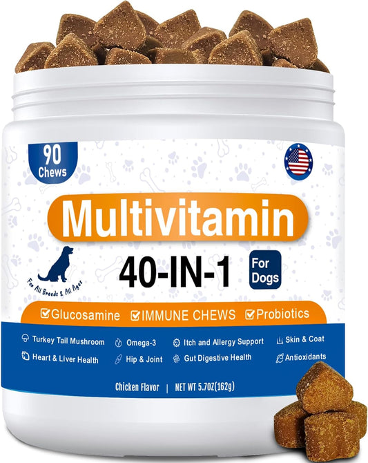 40-in-1 Dog Vitamins and Supplements, Dog Multivitamin Chewable with Glucosamine MSM - Turkey Tail Mushroom, Digestive Enzymes Gut Probiotics, Hip & Joint, Omega-3 Skin & Coat Eyes Immune Support