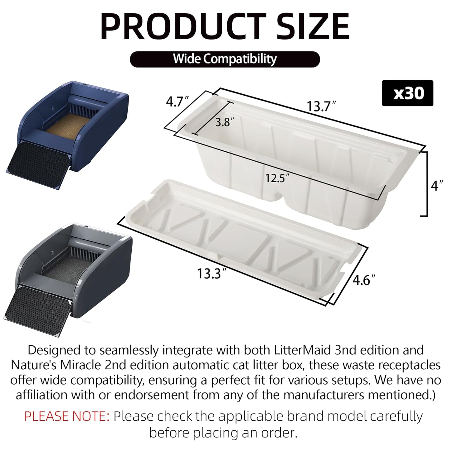 30-Pack Disposable Litter Box Waste Receptacles Compatible with Littermaid 3nd Edition & Nature's Miracle 2nd Edition Automatic Cat Litter Box, Convenient & Odor-Free Disposal