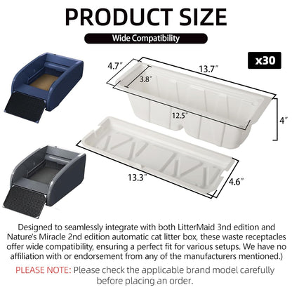30-Pack Disposable Litter Box Waste Receptacles Compatible with Littermaid 3nd Edition & Nature's Miracle 2nd Edition Automatic Cat Litter Box, Convenient & Odor-Free Disposal
