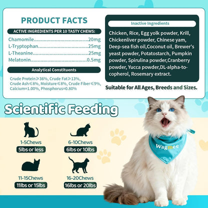 Wagmee Cat Calming Treats - 500 Crunchy & Creamy Cat Chews with Melatonin, Chamomile for Cat Stress and Anxiety Relief - Travel, Vet Visits, Storms and Separation Anxiety, Chicken and Krill Flavor