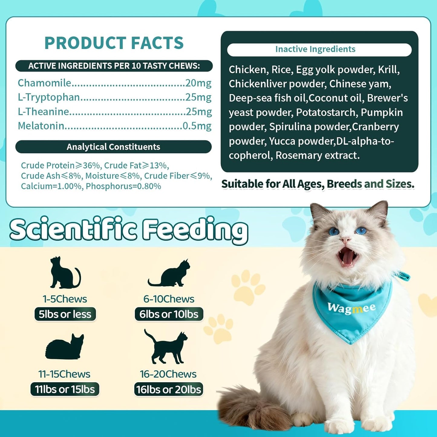 Wagmee Cat Calming Treats - 500 Crunchy & Creamy Cat Chews with Melatonin, Chamomile for Cat Stress and Anxiety Relief - Travel, Vet Visits, Storms and Separation Anxiety, Chicken and Krill Flavor