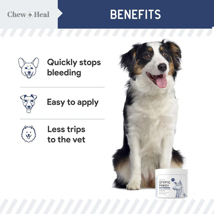 Chew + Heal Labs Styptic Powder for Dogs - .5 oz Quick Stop Bleeding for Dogs Nails & Animal Cuts - Blood Stop Clotting Powder & Wound Care