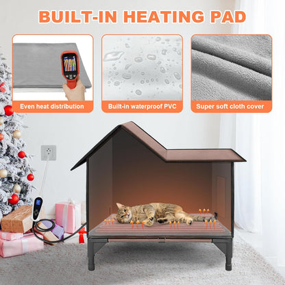 Large Heated Cat House for Outside 21x17x17 in with Elevated Base Cat-Attracting Eave Design Feral Stray Shelter,Intelligent Controller and Waterproof Cat Heated House Shelter for Outdoor