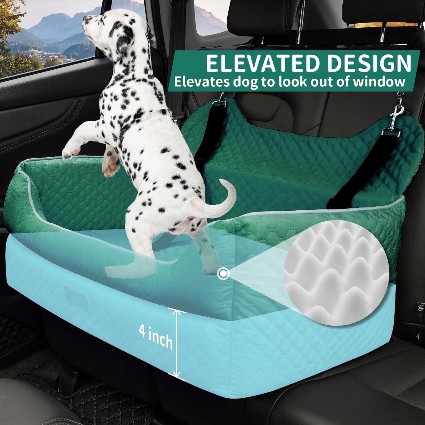 Dog Car Seat for Large/Medium Dogs - Memory Foam Dog Booster Seat for Under 55Lbs or 2 Small Dogs-Detachable and Washable Travel Bed with Thick Cushion and Storage Pockets-Green