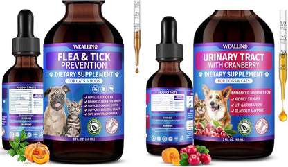 Flea and Tick Prevention Support Drop + Natural Urinary Tract Infection Treatment for Dogs & Cats | Pets Oral Natural Supplement Pet Care Support Drops for All Breeds and Ages