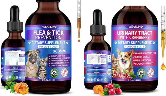 Flea and Tick Prevention Support Drop + Natural Urinary Tract Infection Treatment for Dogs & Cats | Pets Oral Natural Supplement Pet Care Support Drops for All Breeds and Ages