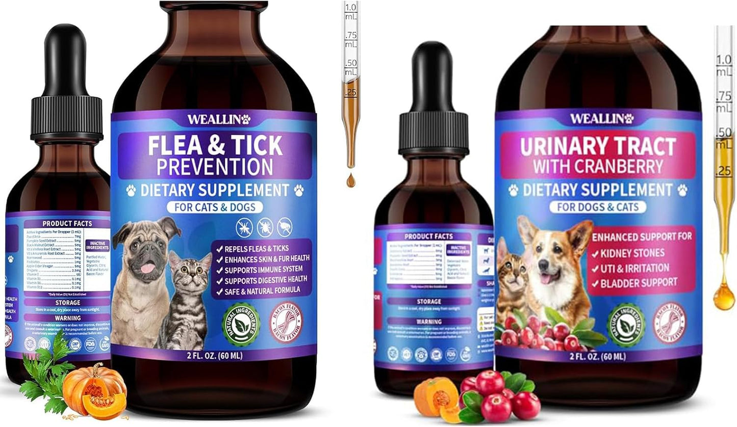 Flea and Tick Prevention Support Drop + Natural Urinary Tract Infection Treatment for Dogs & Cats | Pets Oral Natural Supplement Pet Care Support Drops for All Breeds and Ages