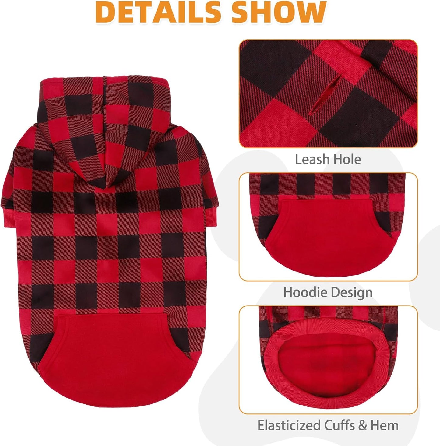 KOOLTAIL Plaid Dog Hoodie Pet Clothes Sweater with Hat and Pocket for Small Medium Large Size Dogs, Soft Winter Warm Dog Cold Weather Coat, Fleece Fall Dog Hooded Sweatshirt for Puppy Cats, Red XL