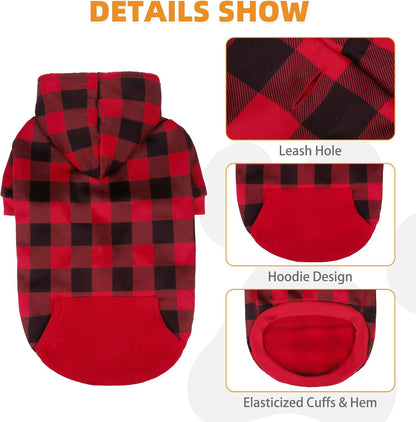 KOOLTAIL Plaid Dog Hoodie Pet Clothes Sweater with Hat and Pocket for Small Medium Large Size Dogs, Soft Winter Warm Dog Cold Weather Coat, Fleece Fall Dog Hooded Sweatshirt for Puppy Cats, Red XL