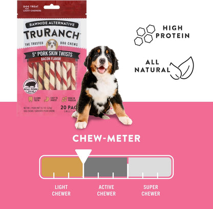 TRURANCH 5" Pork Skin Twists - Collagen Chews for Dogs - Bacon Flavor - Made with Real Pork Skin - Rawhide Alternative - Limited Ingredient - Easy to Digest Treat, 1 Bag, 9 Count