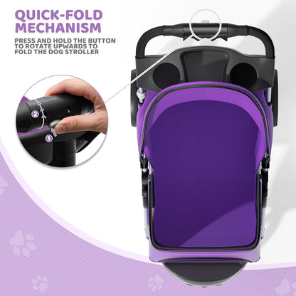 Magshion 3-Wheel Pet Stroller, Foldable Travel Jogger for Small & Medium Dogs & Cats (Up to 33lbs), Lightweight Carrier with Breathable Mesh Cover, Cup Holder & Storage Basket, Purple