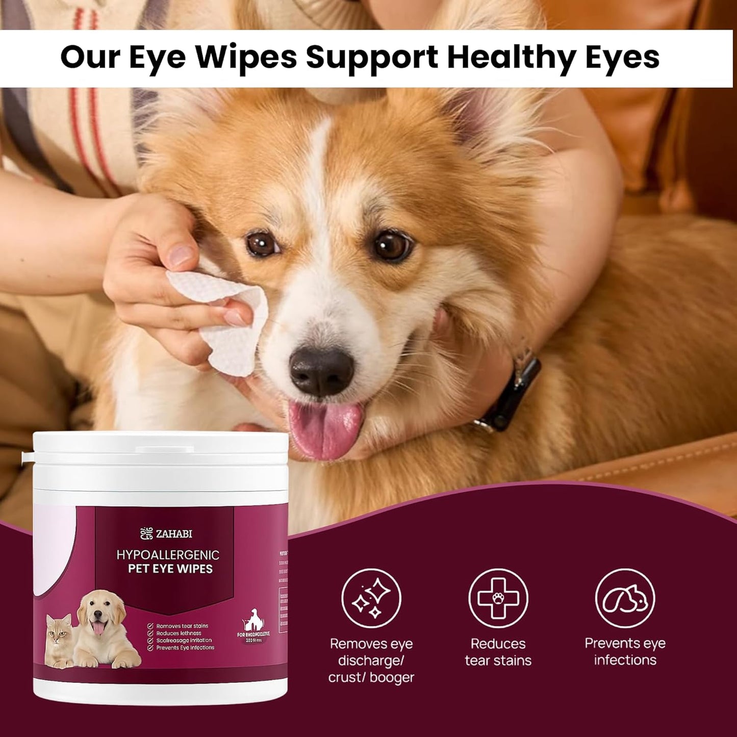 ZAHABI 3-in-1 Pet Wipes for Dogs & Cats, Hypoallergenic Eye, Ear & Teeth Cleaning Wipes, 100 Eye + 50 Ear & 50 Teeth Wipes, Tear Stain Remover, Ear Wax Cleaner, Breath Freshener, Pet Grooming Wipes