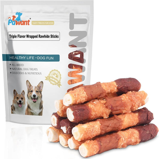 Triple-Flavor Rawhide Chews for Medium & Large Dogs - 5 Inch Chicken, Beef & Chicken Liver Dental Treats - Long Lasting Chew Sticks 227g/0.5lb