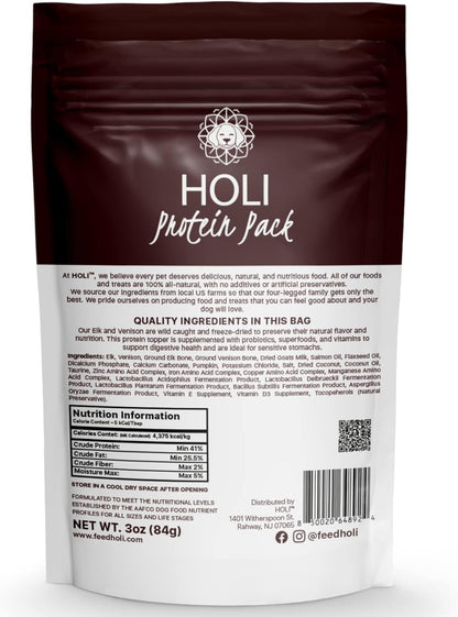 HOLI Freeze Dried Elk and Venison Dog Food Topper - 96% Meat, Wild Caught Free Range - Freeze Dried Dog Food Flavor Enhancer for Picky Dogs – 100% All Natural - 6oz