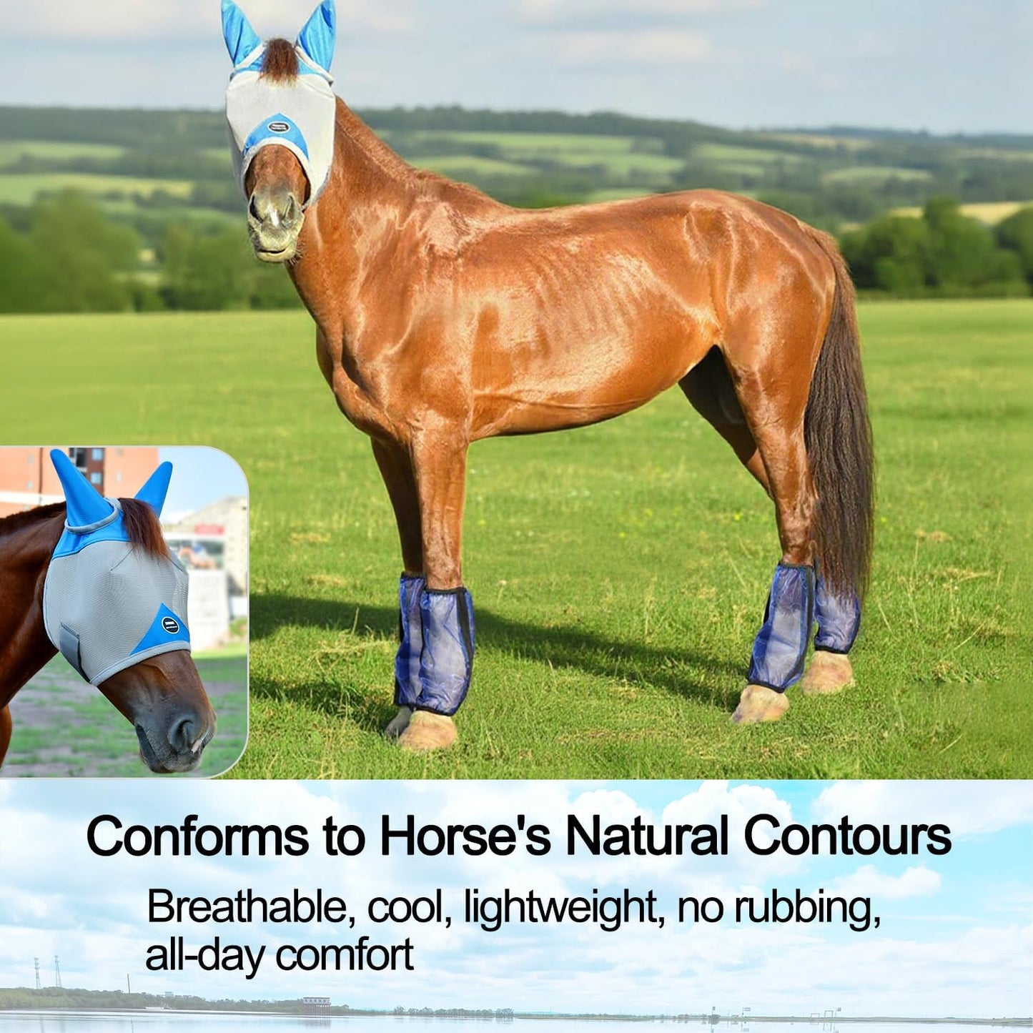 Horse Fly Mask, Adjustable Fly Masks for Horses with Ears, Breathable and 70% UV Protection, Comfort Mesh Without Nose Cover, Horses Accessories (Grey, Blue, Small)