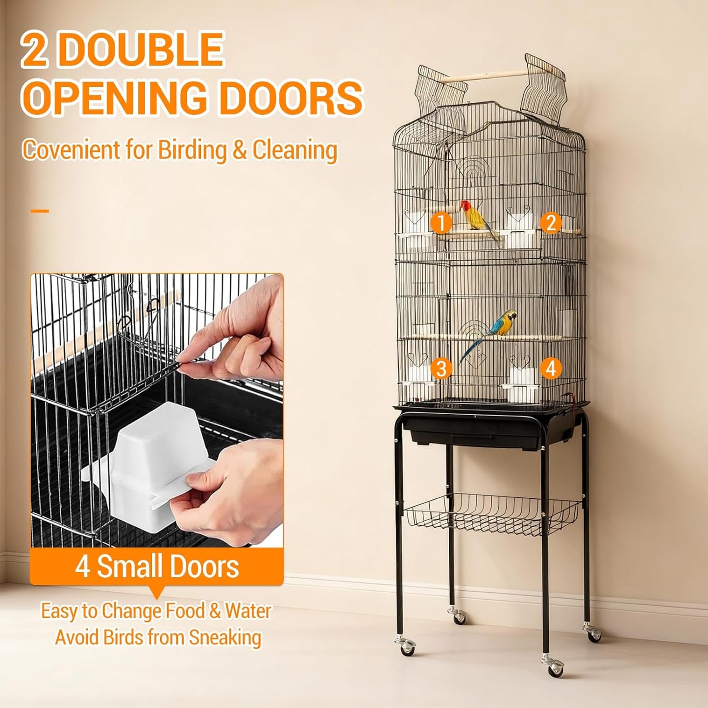 Large Wrought Iron Bird Cage with Open Play Top – 65.5 Inch Flight Cage for Parrots, Conures, Cockatiels, Lovebirds, Parakeets, Budgies – Heavy-Duty Detachable Rolling Stand & Storage Shelf – Black