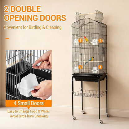 Large Wrought Iron Bird Cage with Open Play Top – 65.5 Inch Flight Cage for Parrots, Conures, Cockatiels, Lovebirds, Parakeets, Budgies – Heavy-Duty Detachable Rolling Stand & Storage Shelf – Black