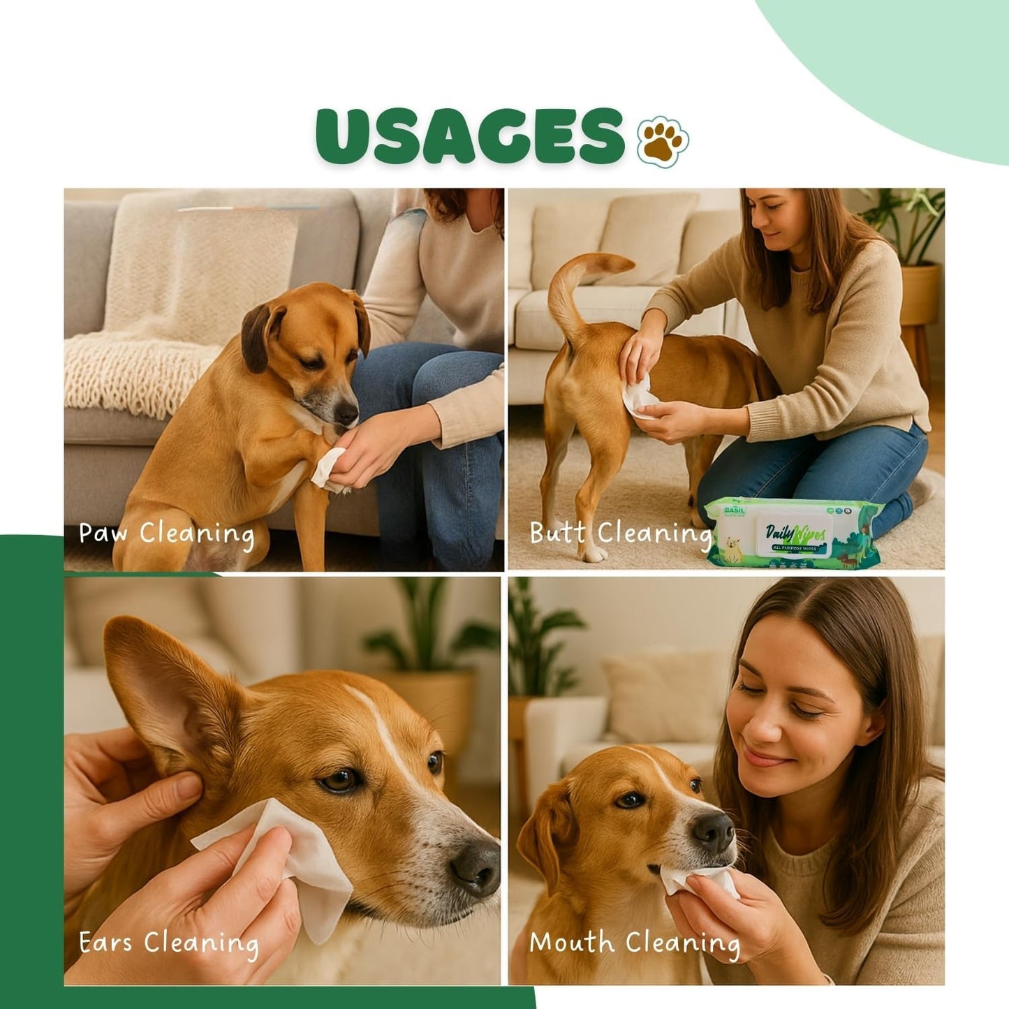 BASIL - Pet Grooming Wipes – 80 Count (8″ × 8″) | Aloe Vera, Vitamin E & Castor Oil Infused | Multi-Purpose Wipes for Dogs, Cats & Puppies | Cleans Paws, Ears, Mouth & Butt | Lemon Scent, Paraben-Free