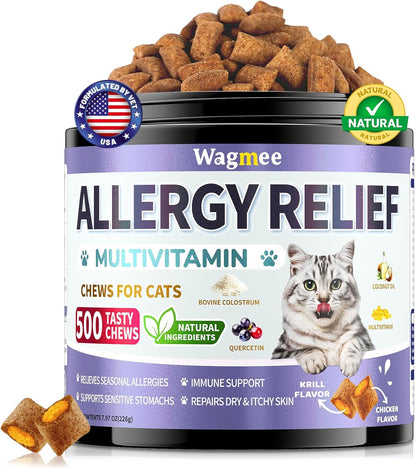 Cat Allergy Relief Chews – 500 Crunchy & Creamy Treats for All Breeds – Cat Itchy Skin & Seasonal Allergy Relief with Multivitamin and Omega-3 for Skin Health, Chicken & Krill Flavor