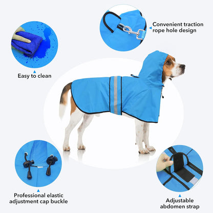 Waterproof Hooded Dog Raincoat - Adjustable Reflective Pet Jacket, Lightweight Dog Slicker Poncho for Small to X- Large Dogs and Puppies (Blue, Large)