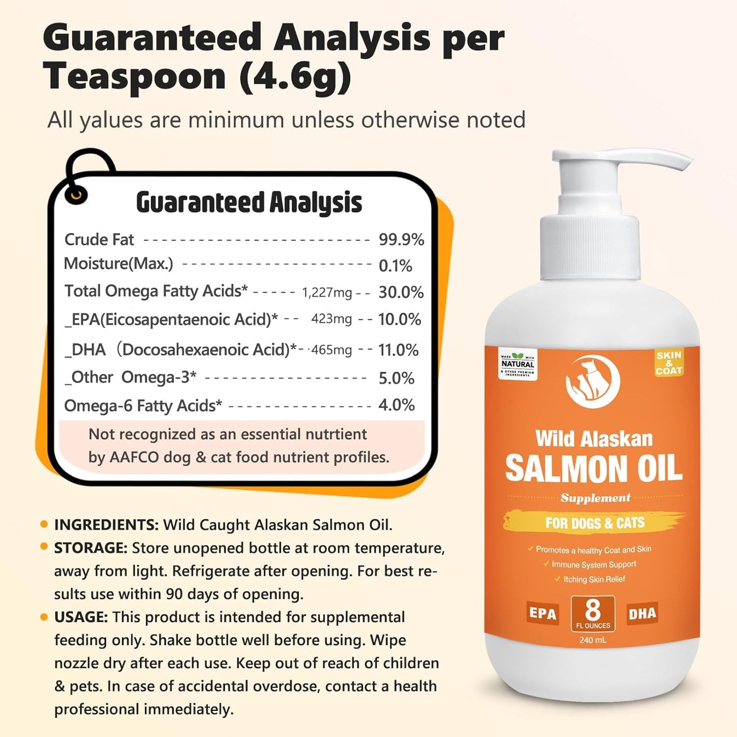 Wild Salmon Oil for Dogs & Cats 8oz Omega 3 Fish Oil Skin & Coat Supplement Pure Fish Omega 3 6 9 Liquid EPA DHA Fatty Acids - Itchy Relief Supports Joint Function, Brain, Eye, Immune & Heart Health