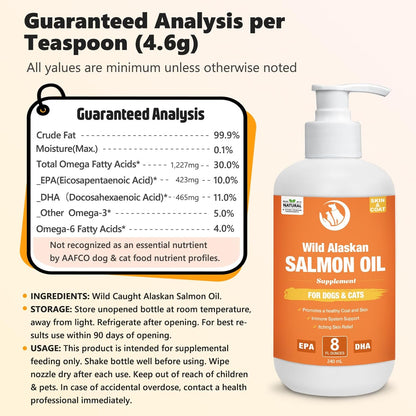 Wild Salmon Oil for Dogs & Cats 8oz Omega 3 Fish Oil Skin & Coat Supplement Pure Fish Omega 3 6 9 Liquid EPA DHA Fatty Acids - Itchy Relief Supports Joint Function, Brain, Eye, Immune & Heart Health
