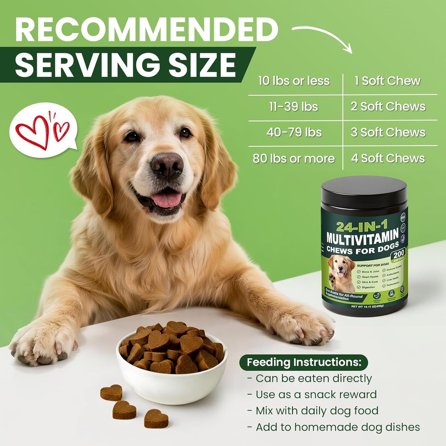 24-in-1 Dog Vitamins and Supplements 200 Ct Multivitamin for Dogs Chewable Contain Glucosamine Chondroitin Probiotics Omega-3 for Skin Coat,Hip & Joint,Heart,Liver,Brain,Eyes - Suitable for All Dogs