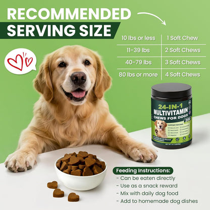 24-in-1 Dog Vitamins and Supplements 200 Ct Multivitamin for Dogs Chewable Contain Glucosamine Chondroitin Probiotics Omega-3 for Skin Coat,Hip & Joint,Heart,Liver,Brain,Eyes - Suitable for All Dogs