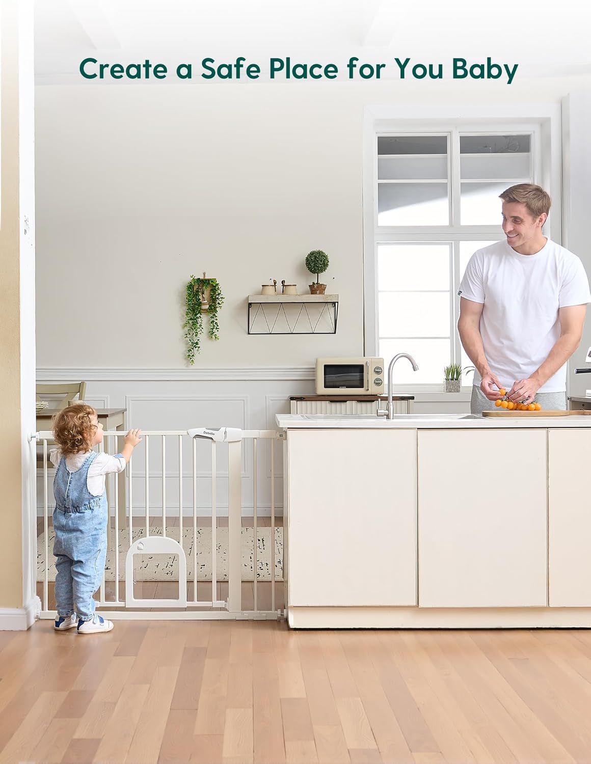 Babelio Baby Gate with Adjustable Cat Door,29-43" Auto Close Durable Pet door for Stairs,Doorways and House,Pressure Mounted,Easy Install,Effortless Walk Thru,White