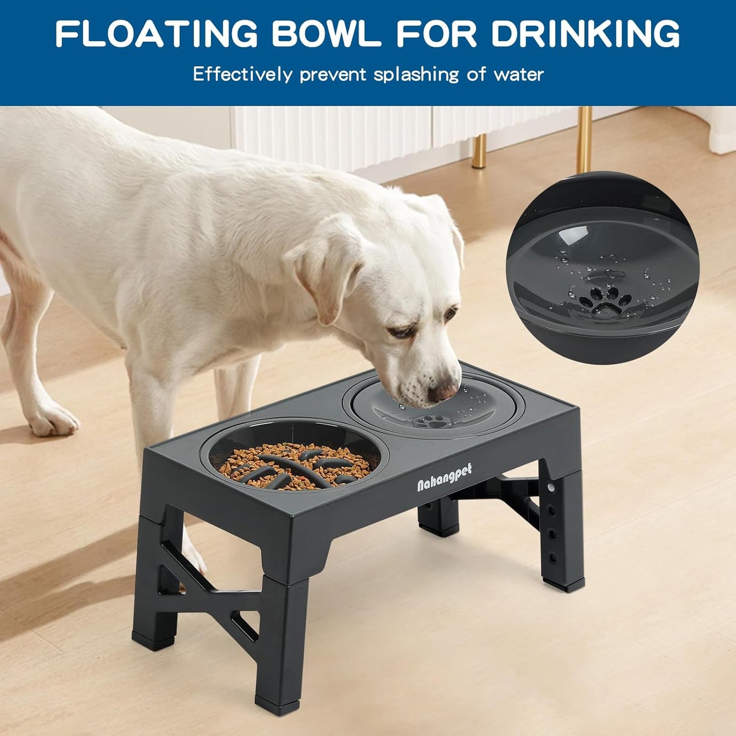 2-in-1 Elevated Slow Feeder Dog Bowls for Food and Water, 5 Heights Adjustable Raised Dog Bowls, Non-Slip, No Spill, for Small Medium Large Dogs and Cats(Grey)