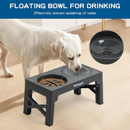 2-in-1 Elevated Slow Feeder Dog Bowls for Food and Water, 5 Heights Adjustable Raised Dog Bowls, Non-Slip, No Spill, for Small Medium Large Dogs and Cats(Grey)