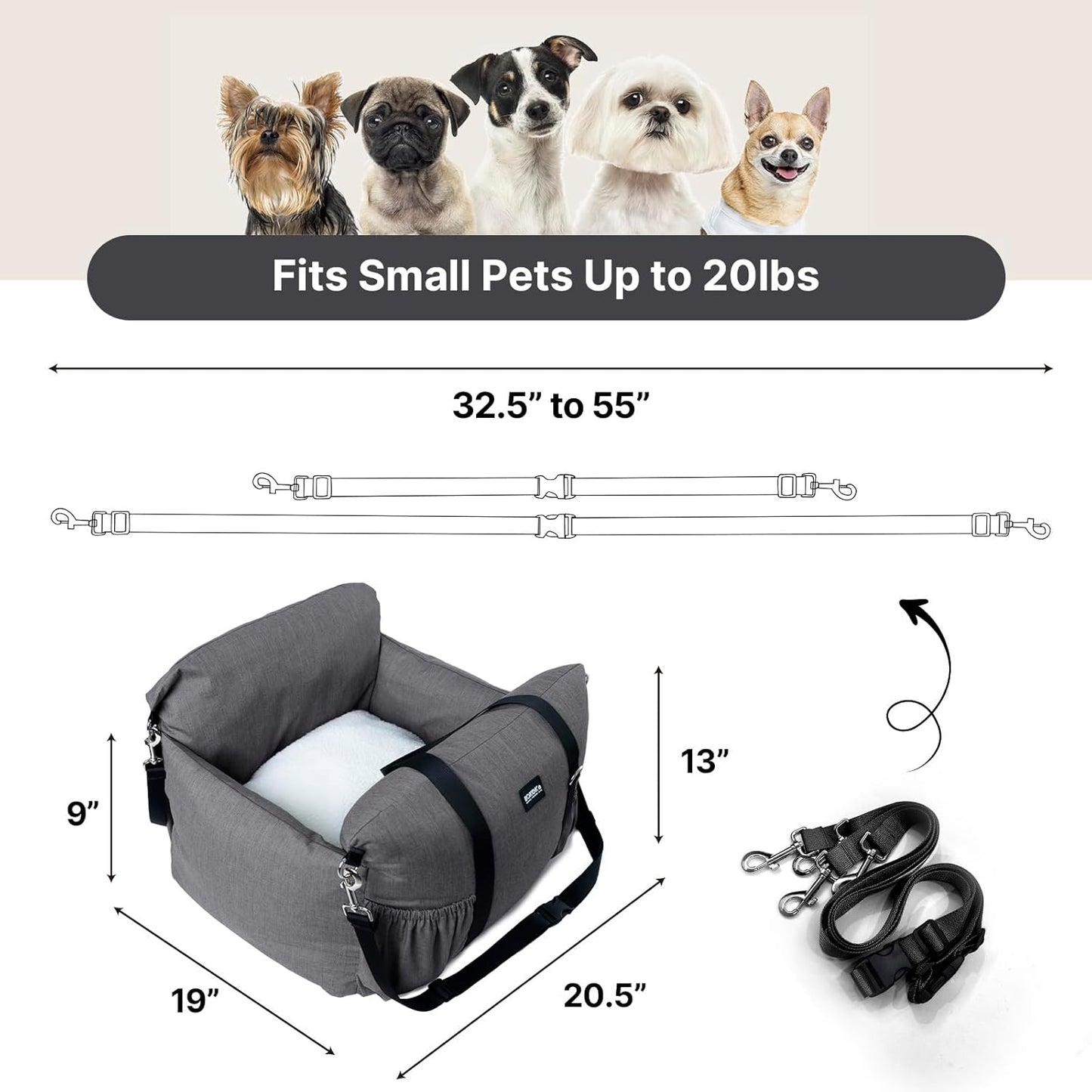 Dog Booster Car Seat for Small Dogs with Heavy Duty Safety Belt and Lock, Waterproof Detachable Dog Travel Bed for Car with Storage Pocket Up to 25lbs, Memory Foam Filling for Max Support
