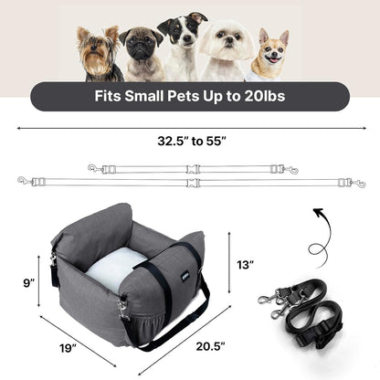 Dog Booster Car Seat for Small Dogs with Heavy Duty Safety Belt and Lock, Waterproof Detachable Dog Travel Bed for Car with Storage Pocket Up to 25lbs, Memory Foam Filling for Max Support