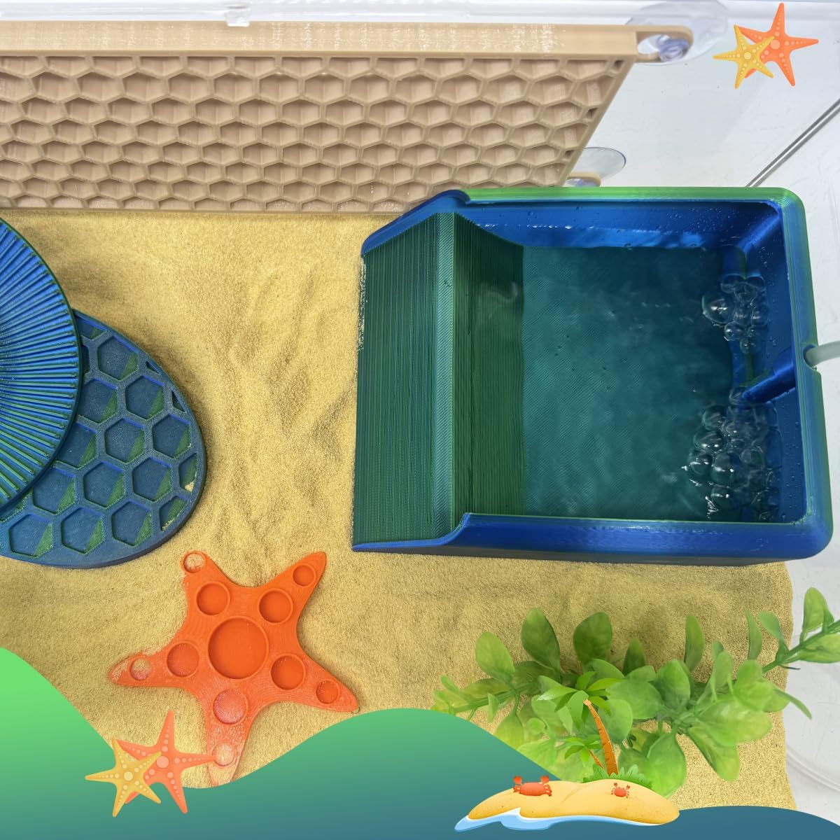 Hermit Crab Water Bowl with Climbing Ramp, Reptile Feeding Water Dish Tank Accessories, Suitable for Hermit Crab Bearded Dragon Lizard Tortoise Frog Gecko (Navy Blue)