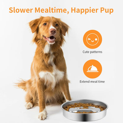 Slow Feeder Dog Bowl - 2 Cups Stainless Steel Dog Slow Feeder Food Bowl, Metal Non-Slip Lick Plate,Puppy or Cat Food Holder,Pet Supplies,Puzzle Maze Dish for Medium Sized Breeds