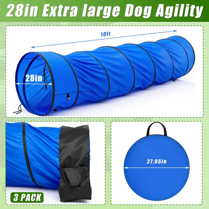 28 in Extra Large Dog Agility Tunnel with Sandbags 10 Foot Dogs Agility Training Equipment Tunnel with 3 Pack Sandbags Carry Bag and 4 Ground Spikes for All Medium and Large Dogs