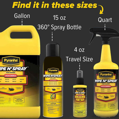 PYRANHA Wipe N' Spray for Horses - Oil-Based Long Lasting Fly Control Repels Horn, Deer, Horse, House, Stable, & Face Flies, Ticks, Mites, Mosquitoes, Gnats & Lice, 1 Gallon