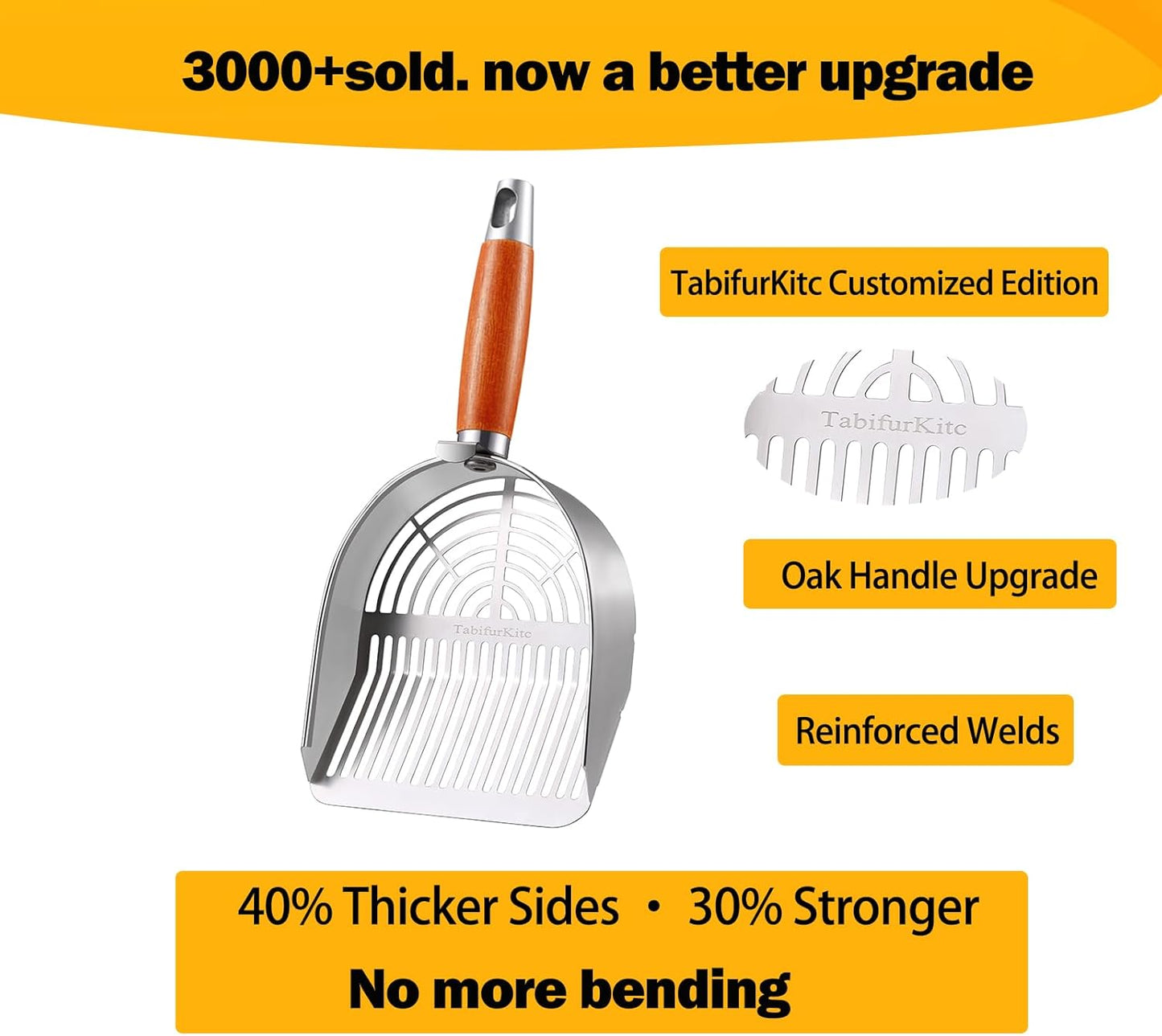 Custom 40% Thicker Side Edges 304 Stainless Steel Metal Cat Litter Scoop with Holder Stand Small Broom & Dustpan - Durable, Anti-Break Handle