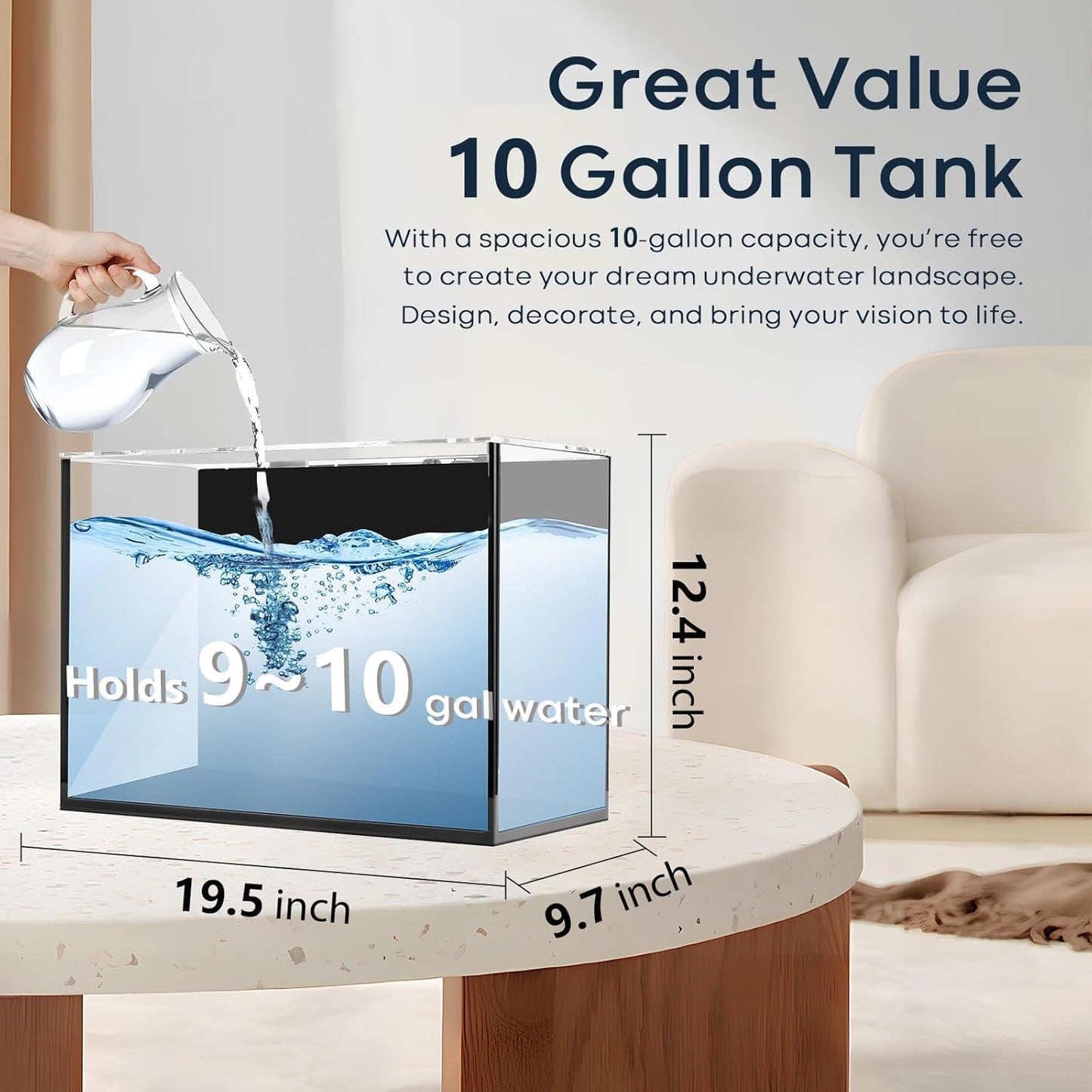 10 Gallon Aquarium Set Glass Fish Tank, Heater Self Cleaning System Filter with Media Bright Light Cleaning Tool, Leak-Proof Clear Rimless Betta Tropical Freshwater Fish
