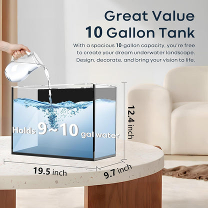 10 Gallon Aquarium Set Glass Fish Tank, Heater Self Cleaning System Filter with Media Bright Light Cleaning Tool, Leak-Proof Clear Rimless Betta Tropical Freshwater Fish