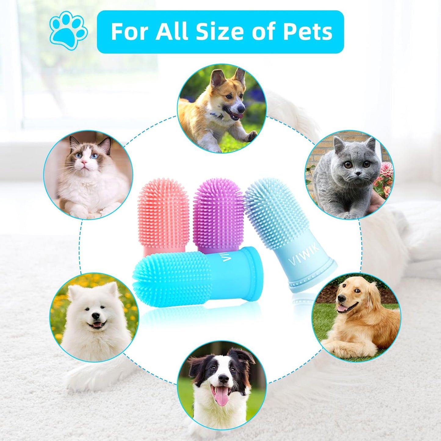 VIWIK 4Pack Dog Toothbrush Kit - Cat Finger Toothbrush for Medium to Large Dogs & Puppies, Dental Care & Teeth Cleaning