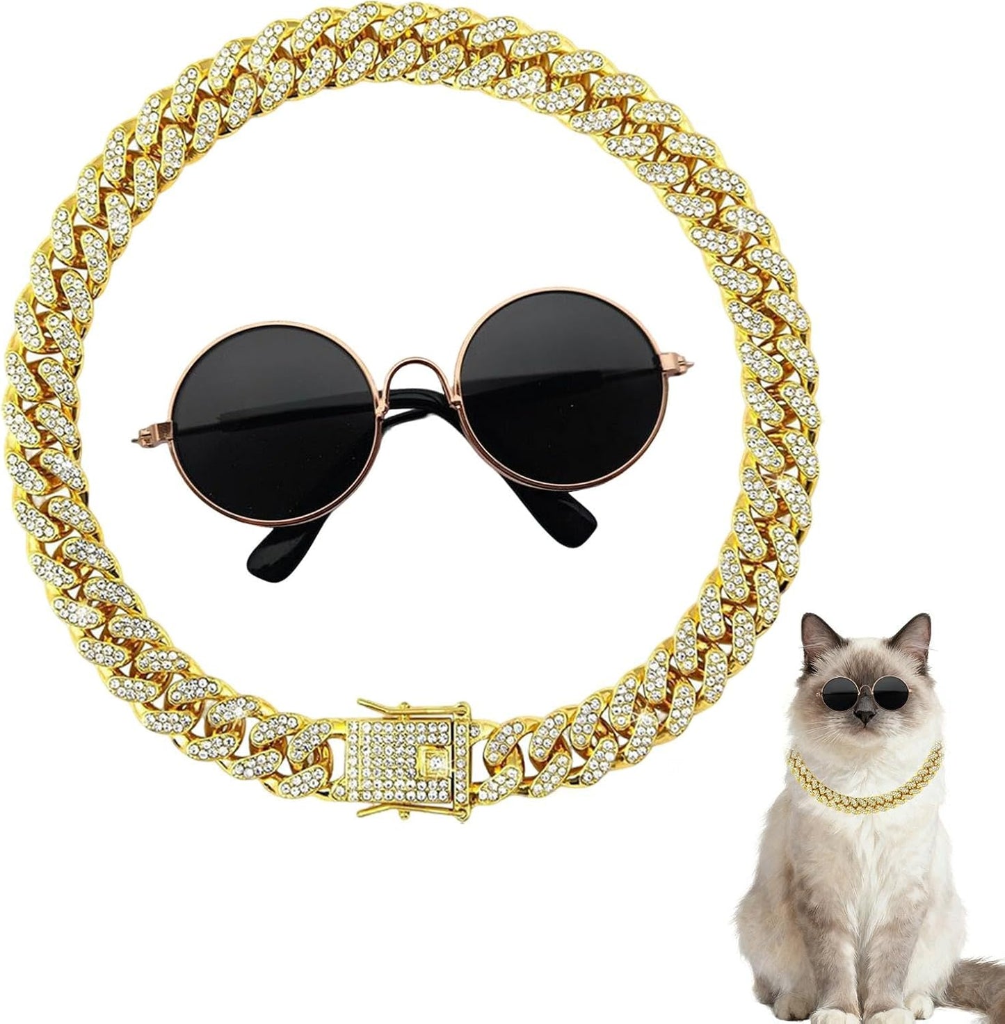 Dog Sunglasses with Rhinestone Diamond Chain Necklace, Cool Glasses Dog Collar Necklace for Cats Dogs Doll, Metal Sunglasses Gold Chain Funny Cute Costumes for Small Pet Holiday Party Costume