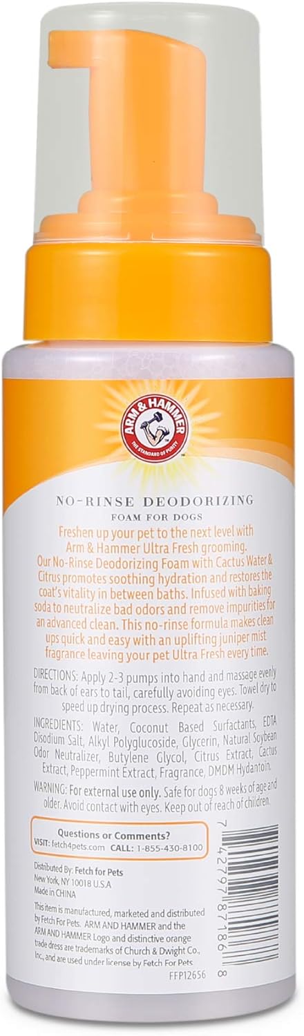 Arm & Hammer for Pets Ultra Fresh Dog Deodorizing Foam,Juniper Mist Scent - No Rinse Waterless Dog Shampoo for Smelly Dogs,Pet Deodorizer,Bathing Supplies,8 Fl Oz,(Pack of 2)