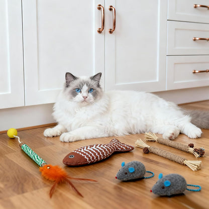6-Pack Catnip Toy - 3 Silvervine Chew Sticks for Cats, 2 Cat Mice Toy and 1 Fish - Catnip Toys for Indoor Cats Kitty Teeth Grinding Chew Interactive